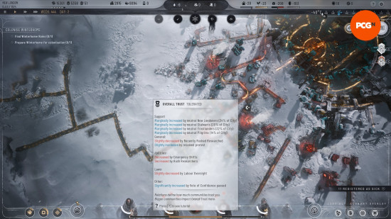 Beyaz kutu, Frostpunk 2'nin tolere edilebilir güven seviyesini ve bunun hangi yollarla etkilendiğini gösterir.