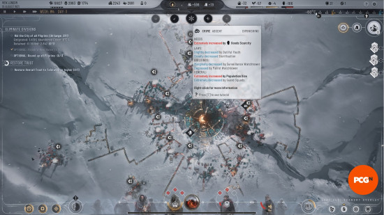 Frostpunk 2 ipuçları: Ekran görüntüsünde Frostpunk 2 HUD'sinin tamamı gösteriliyor. Bu ekran görüntüsünde gezinme özelliklerinden birinin nasıl kullanılacağı, hangi alanların iyi, hangilerinin kötü olduğu gösteriliyor.