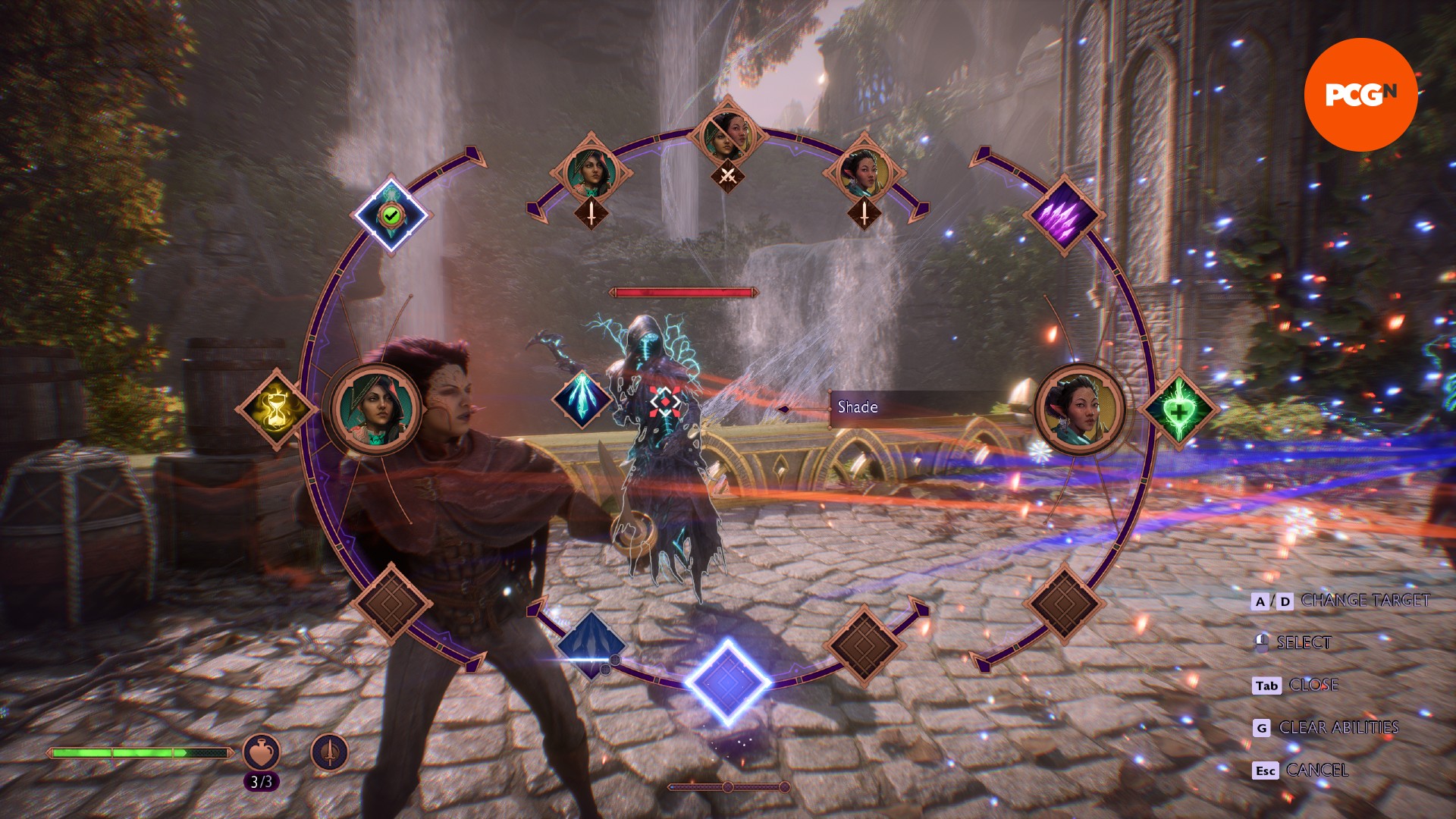 dragon-age-the-veilguard-önizleme-arkadaşlık-yetenek-tekerleği Dragon Age: The Veilguard'ın yoldaş yeteneği tekerleğinin savaş ortasında taş bir köprüde görüntüsü