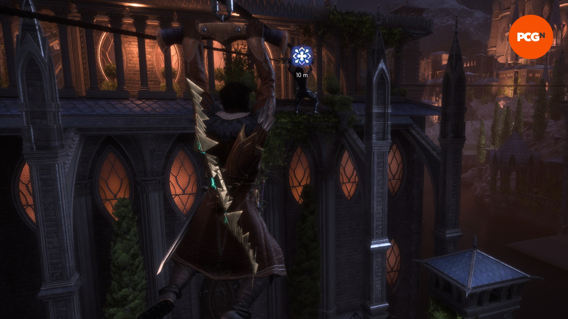 dragon-age-the-veilguard-önizleme-treviso-zipwire Sırtına altın bir yay bağlanmış bir adam, pencereli bir binaya doğru yelken açmak için ahşap bir zipline kullanıyor