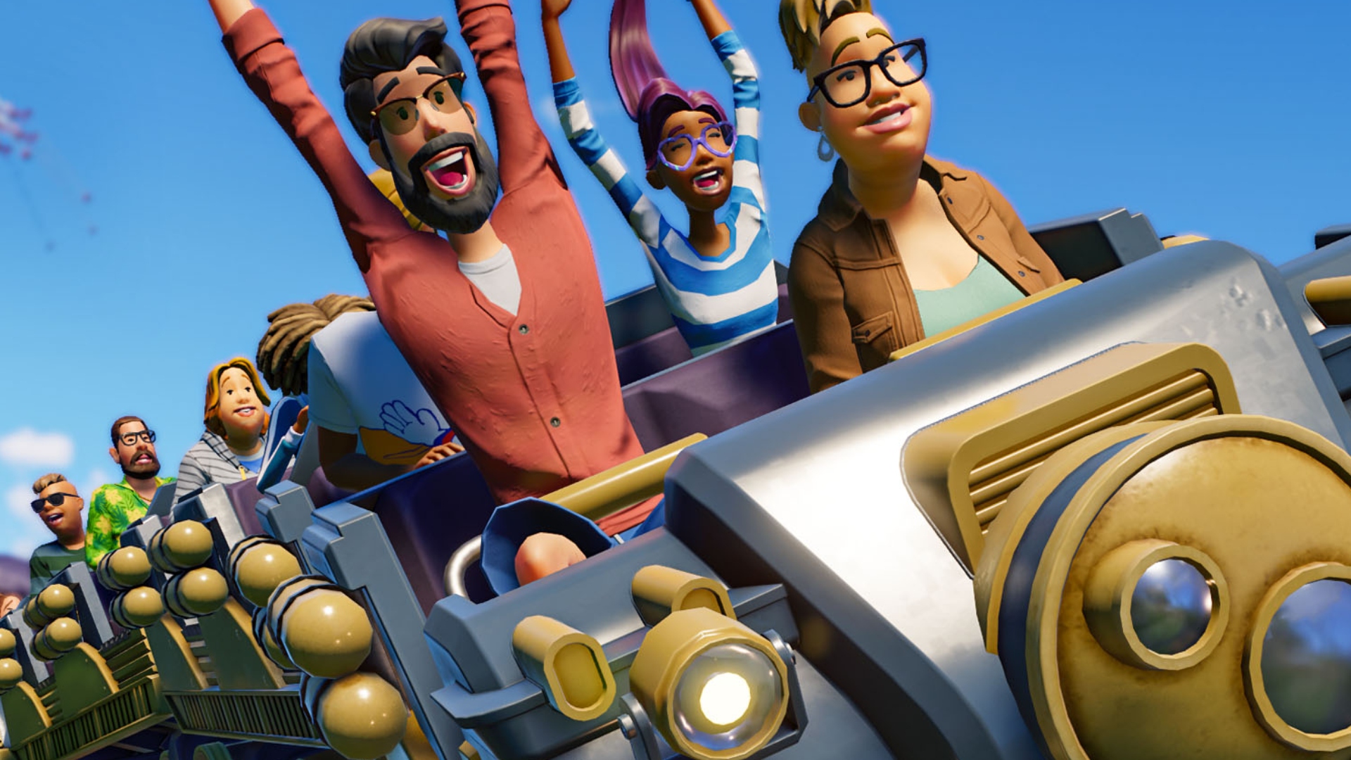 Planet Coaster Steam strateji oyunu: İnsanlar Planet Coaster 2 strateji oyununda bir roller coaster'da tezahürat ediyor