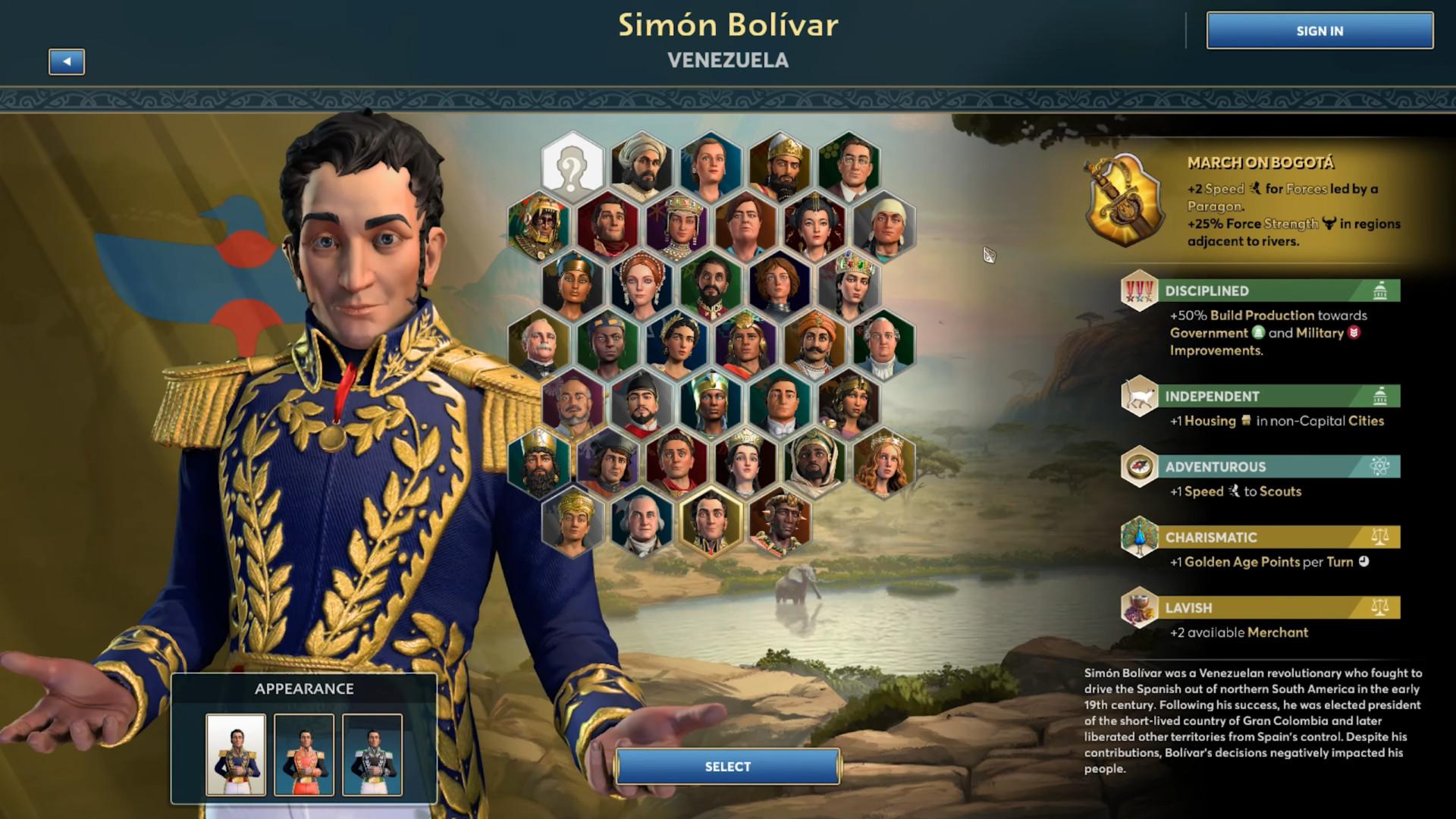 Ara History Untold röportajı - Simon Bolivar lider seçme ekranında.