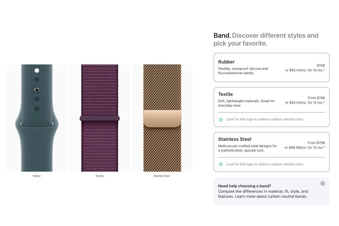 Apple çevrimiçi mağazasında Apple Watch Series 10 bantlarının bir görüntüsü