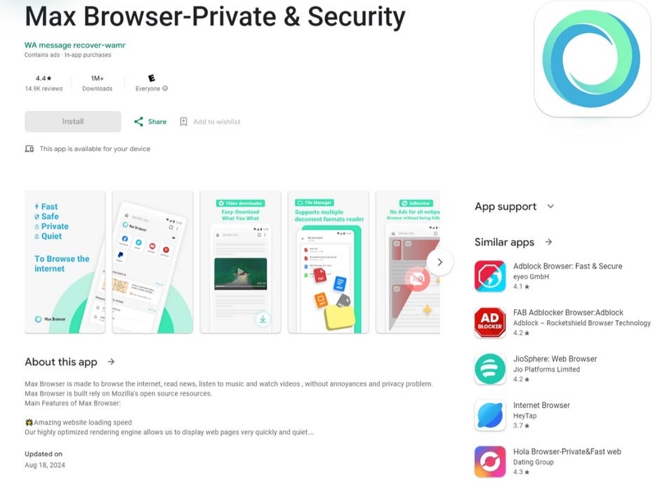 Max Browser uygulaması Google Play Store'dan 1 milyondan fazla kez yüklendi. | Resim kredisi-Kaspersky - Android telefonunuzda bu virüslü uygulamalardan herhangi biri varsa, bunları hemen kaldırmanız gerekir