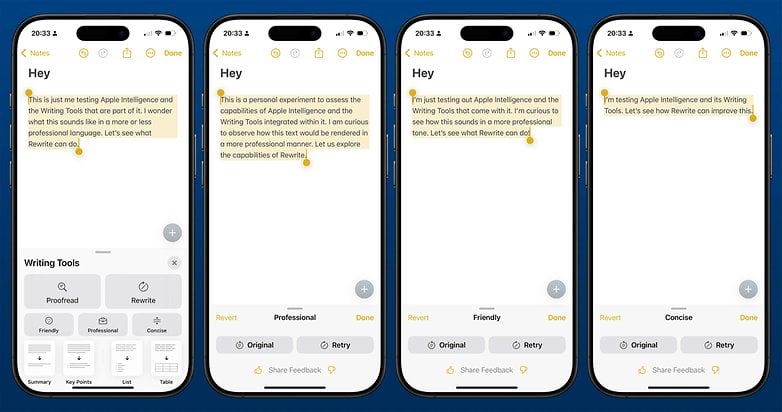 iOS 18.1'deki Yazma Aracının ekran görüntüleri