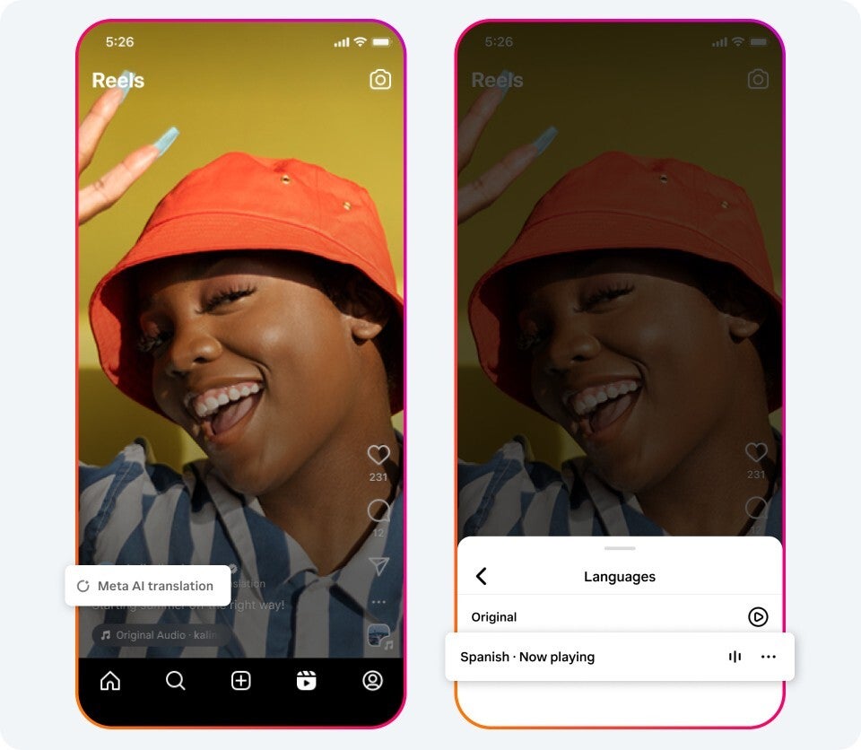 Yeni bir araç, Instagram Reels'deki sesleri otomatik olarak dublajlayarak kusursuz çeviriler sağlayacak. | Görsel kredisi – Meta - Meta AI, ünlü seslerini, Reels için dudak senkronizasyonu çevirilerini, görsel içgörülerini ve daha fazlasını sunuyor