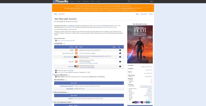 Star Wars Jedi: Survivor PCGamingWiki'de.