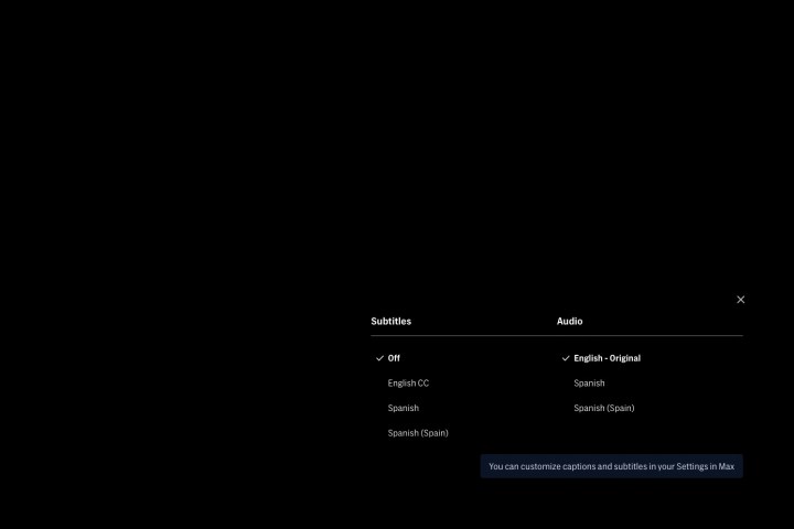 Max'in tarayıcı tabanlı web oynatıcısında altyazı ve resim yazısı seçenekleri.