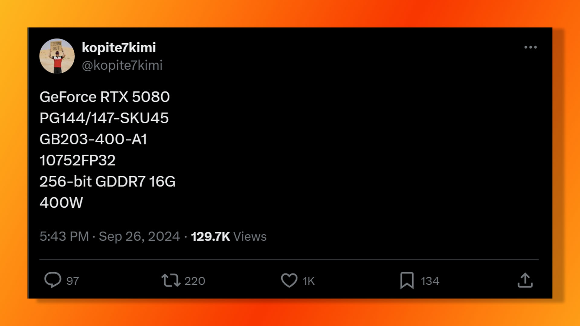 Nvidia GeForce RTX 5080 teknik özellikleri X'teki (eski adıyla Twitter) kopite7kimi'den sızdırıldı