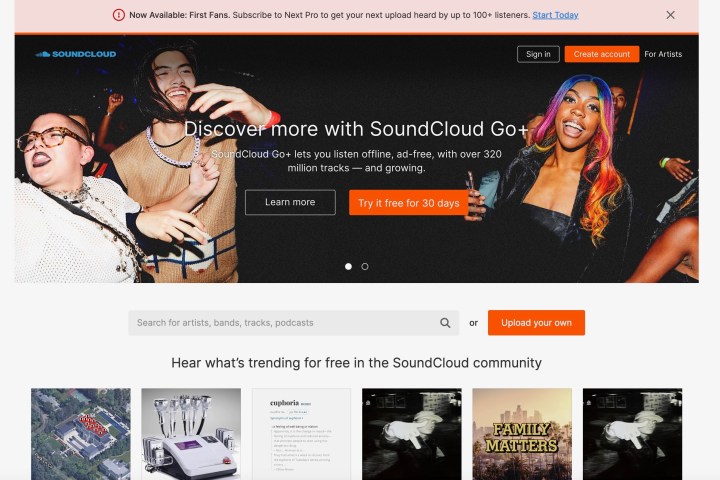 SoundCloud web sitesini gösteren ekran görüntüsü.