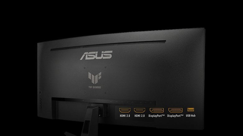 Bağlantı noktalarına sahip ASUS TUF oyun monitörü VG34VQ3B'nin arkadan görünümü: HDMI 2.0, DisplayPort™ ve USB hub.