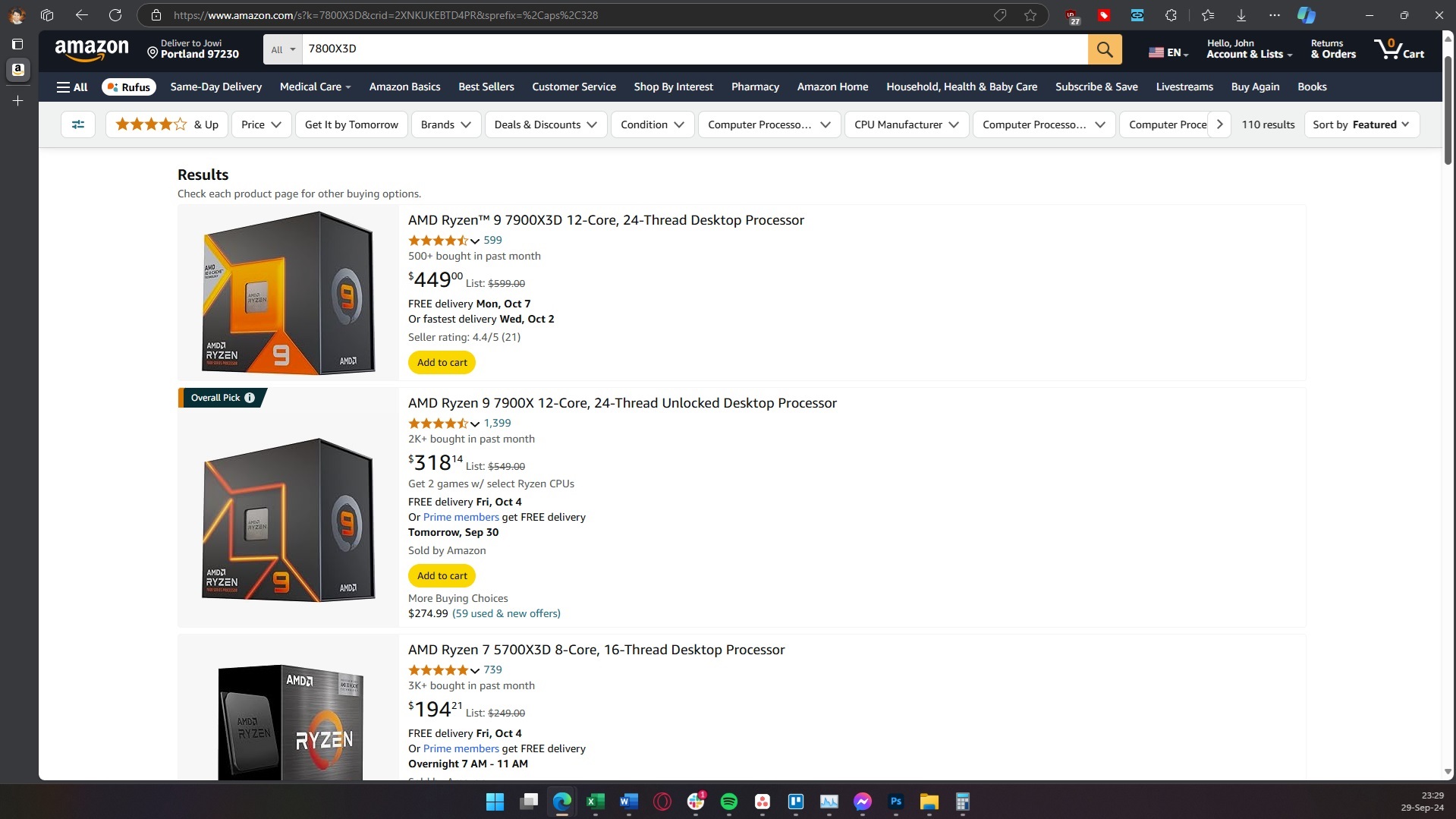 AMD Ryzen 7 7800X3D için Amazon arama sonuçları