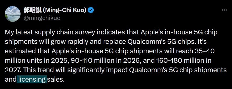 TF International analisti Ming-Chi Kuo, Apple'ın şirket içi 5G modem sevkiyatlarının gelecek yılki teslimatlarla başlayacağını tahmin ediyor. | Görsel kredisi-@mingchikuo - Apple, 2027'den itibaren iPhone ile büyük bir kumar oynayabilir