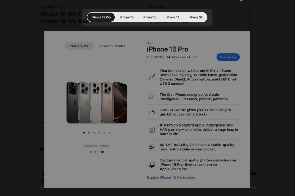 iPhone 16 ve yeni iPhone serisinin listesini gösteren Apple çevrimiçi mağazasından alınan ekran görüntüsü