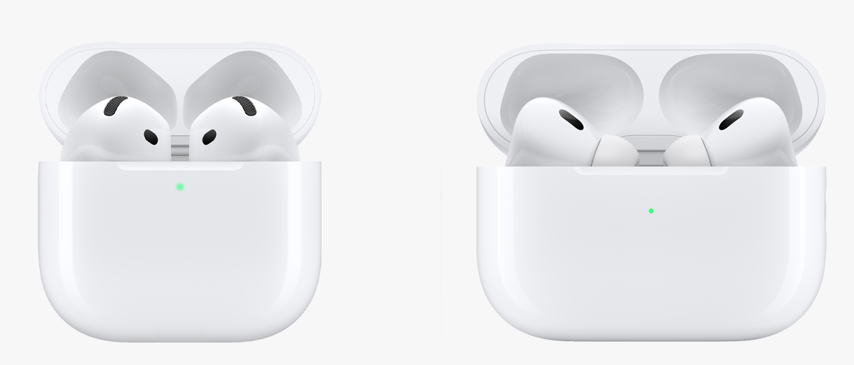 AirPods 4'ün yanında AirPods Pro 2 var, ikisi de beyaz renkte. 