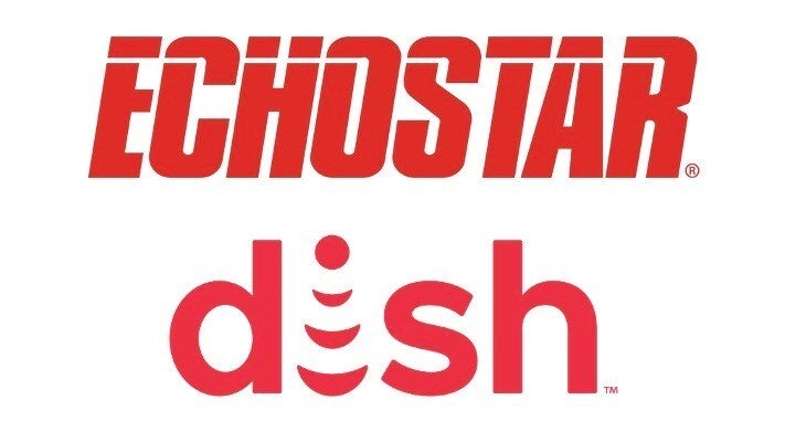 EchoStar logosu, Dish Network logosunun üstünde, her ikisi de beyaz zemin üzerinde kırmızı renkte yer alıyor.