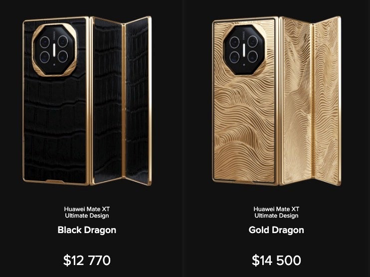 Caviar Huawei Mate XT Ultimate Gold ve Black Dragon sürümlerinin fiyatlandırmasının bir görüntüsü