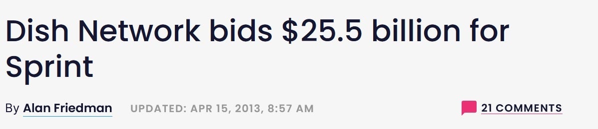 PhoneArena'nın 15 Nisan 2013 tarihli manşeti, Dish'in Sprint'i satın alma teklifini duyuruyor.