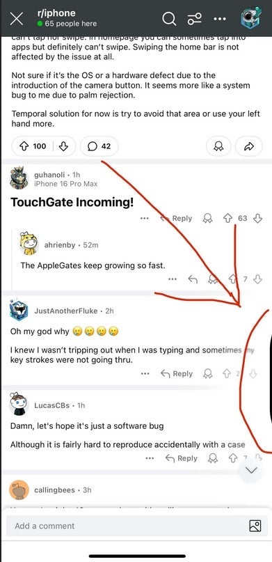 Yarım dairenin içindeki küçük alana yanlışlıkla dokunmak, iPhone 16 Pro serisinde girdilerin reddedilmesine neden oluyor. | Resim kredisi-u/LucasCBs, Reddit abonesi - Ekrandaki büyük sorun, bazı iPhone 16 Pro kullanıcılarının bir yazılım sorunu yaşadıklarını ummasına neden oluyor