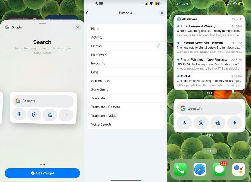 Orta Google Arama widget'ına özelleştirilebilir bir kısayol bütçesi ekleniyor. | Resim kredisi-PhoneArena - Google, orta iOS Google Arama widget'ını dört kısayol düğmesiyle güncelliyor