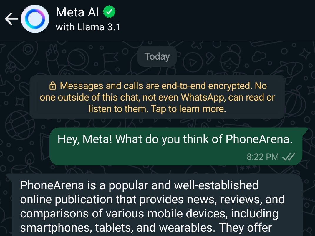 WhatsApp'ta Meta AI. | Resim kredisi — PhoneArena - Meta, Facebook ve Instagram gönderilerinizde AI'yı eğitmek için izin aldı