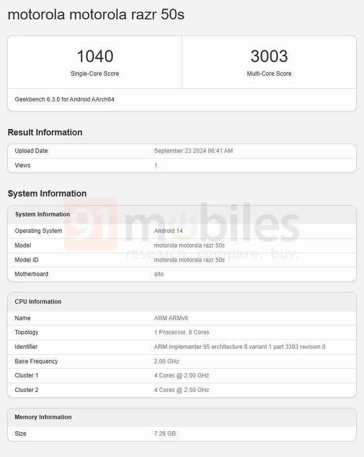 Razr 50s'nin teknik özelliklerini gösteren Geekbench listesi.