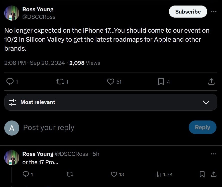 Young, iPhone 17 Pro modellerinin artık ekran altı Face ID'ye sahip olmasını beklemediğini tweetledi. | Görsel kredisi-Ross Young - Önde gelen sızıntıcı, ekran altı Face ID'nin 2025'te geleceğini tweetleyerek hata yaptığını kabul etti