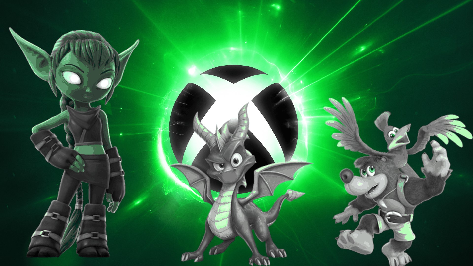 Stealth Elf ve Spyro, Banjo ve Kazooie gibi kendi fikri mülkiyetindeki karakterlerin arkasında Xbox logosu