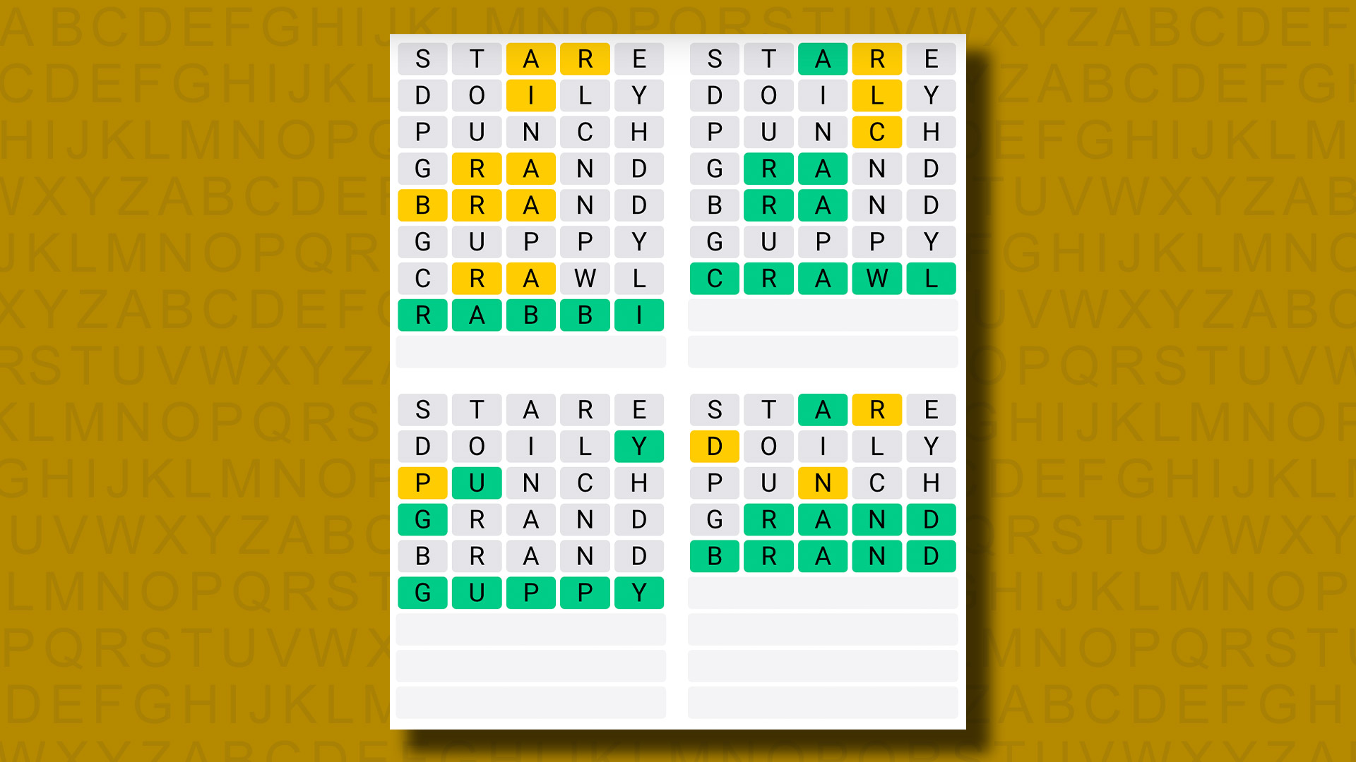 Quordle, sarı bir arka planda 951. oyun için cevap veriyor