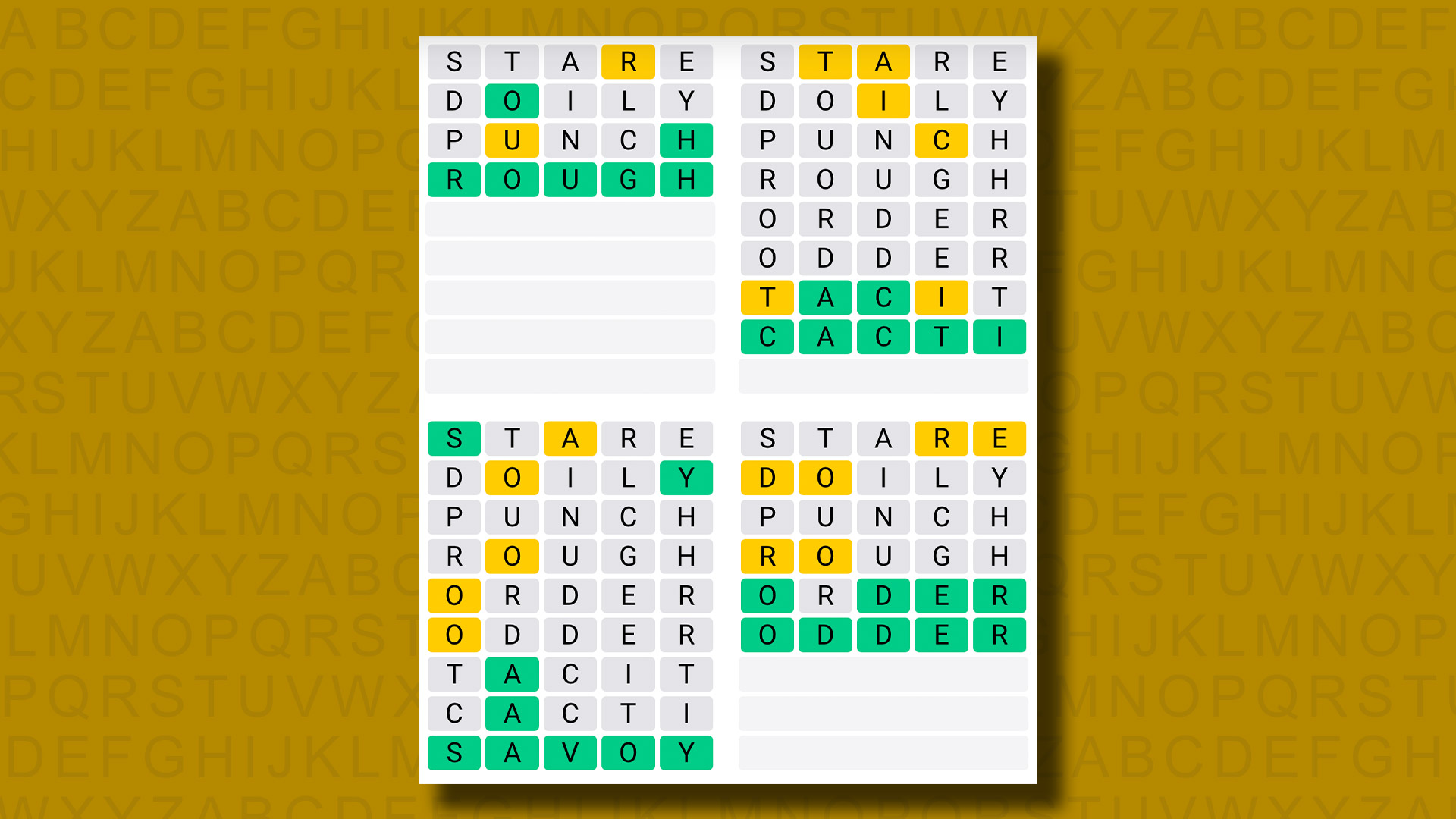 Quordle, sarı bir arka planda 961. oyun için cevap veriyor