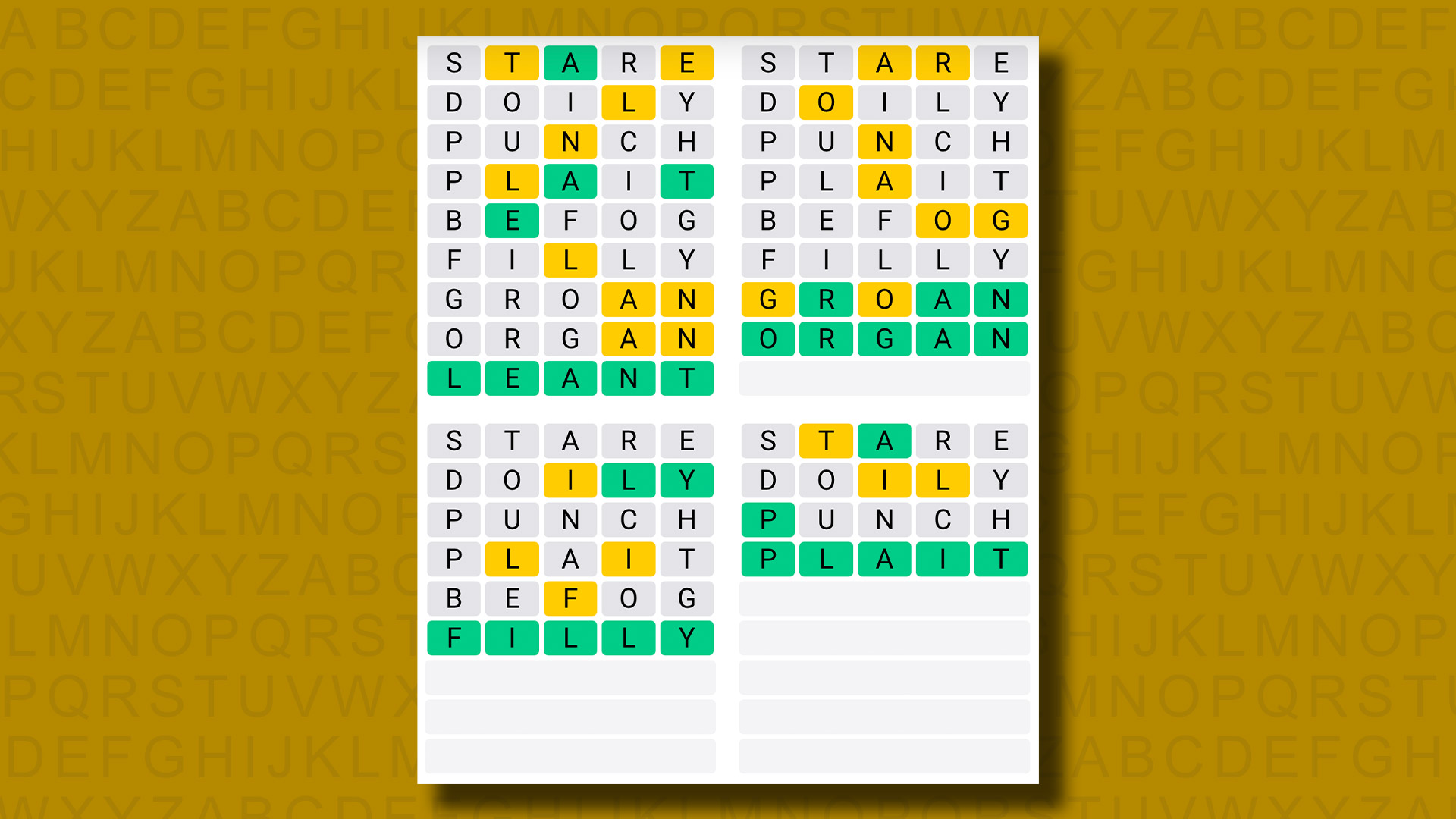 Quordle, sarı bir arka planda 963 numaralı oyun için cevap veriyor