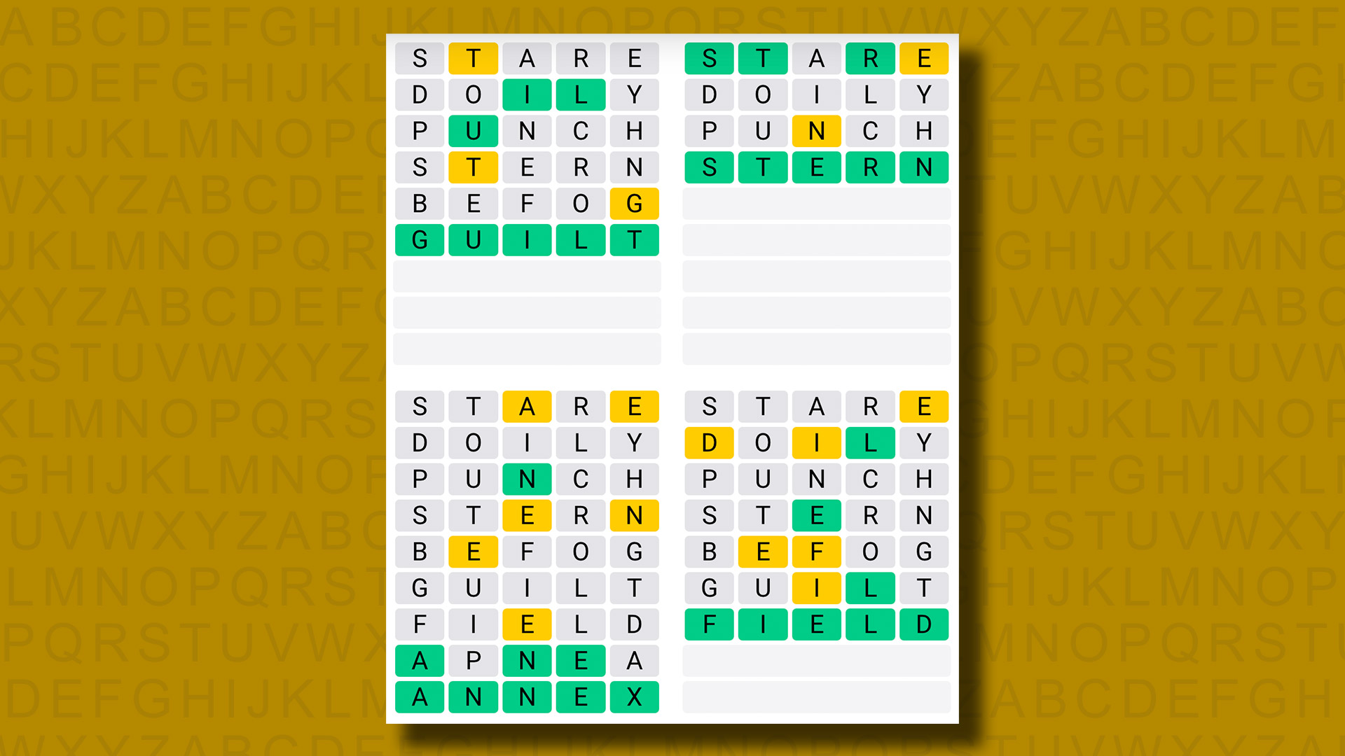 Quordle, 973. oyun için sarı bir arka planda cevaplar