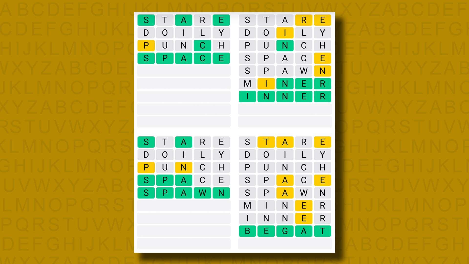 Quordle, 974 numaralı oyun için sarı bir arka plandaki cevapları veriyor