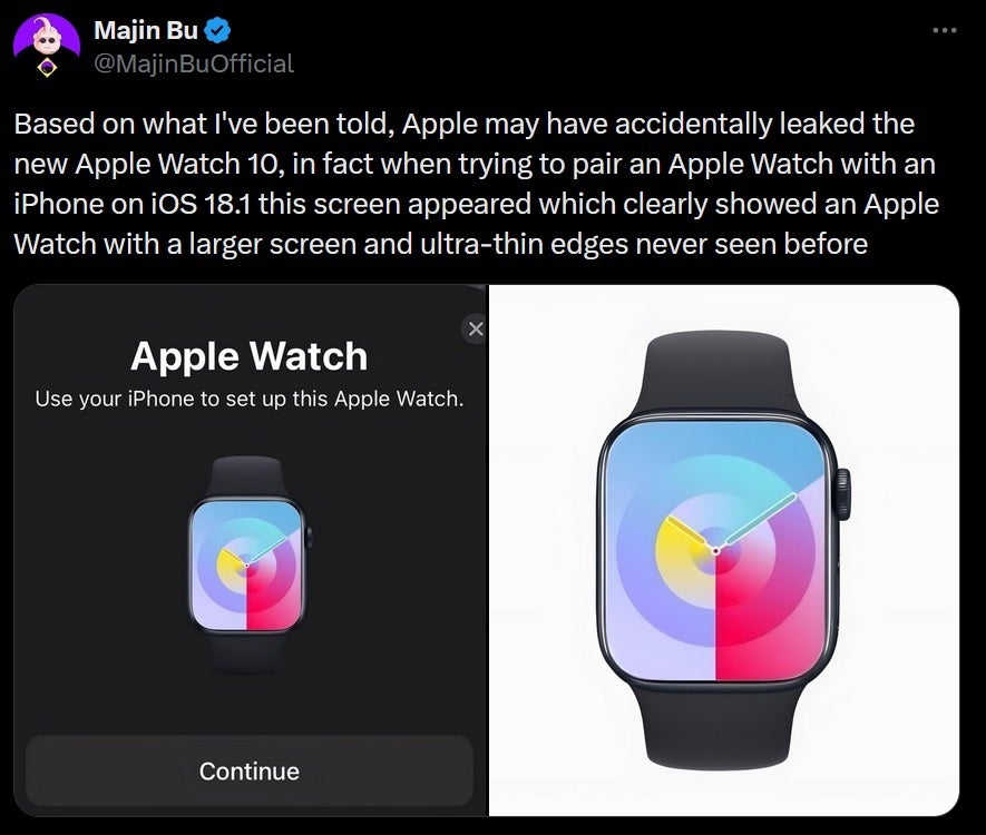 Bir hata, Apple Watch Series 9'un bu görüntüsünün daha büyük ekranlı ve daha ince çerçeveli yeni bir model gibi görünmesine neden oldu. | Görüntü kredisi-Majin Bu - Leaker tarafından paylaşılan ultra ince çerçeveli Apple Watch Series 10 görüntüsü bir bu-bu