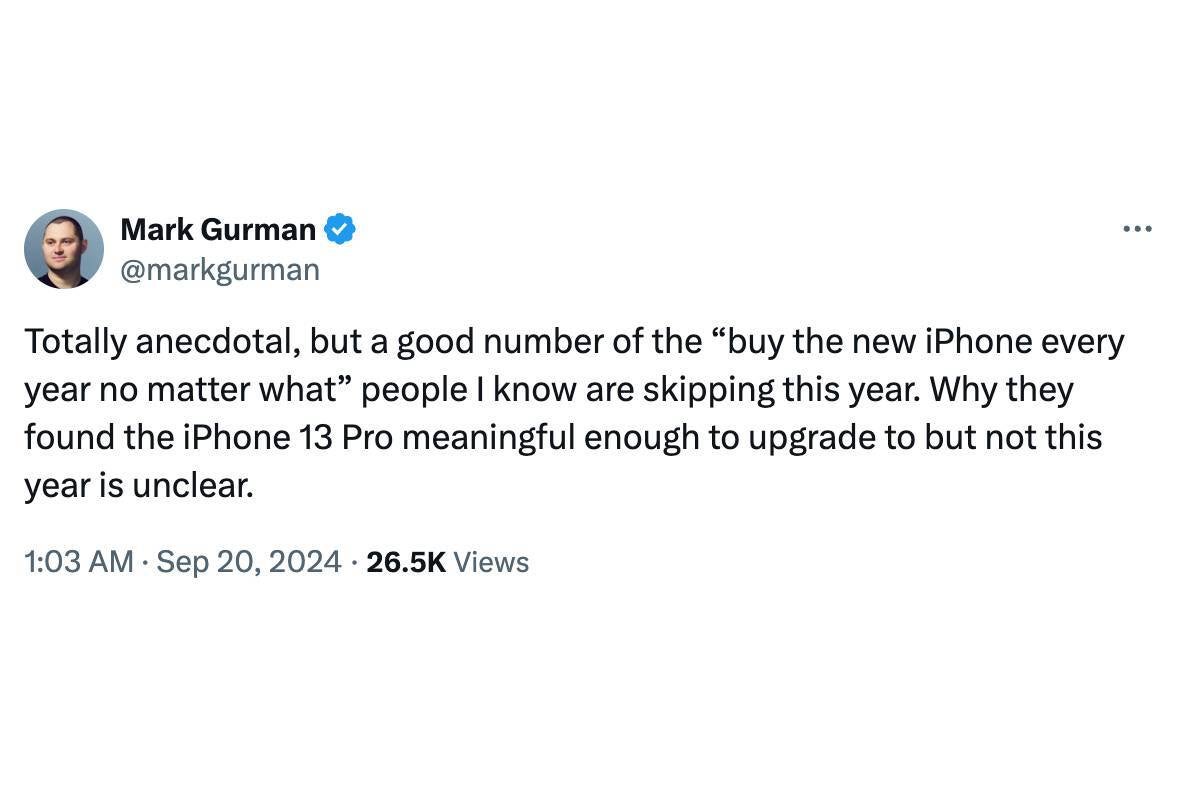 Görünüşe göre Apple'ın sadık hayranları bile iPhone 16'ya sırtını dönmüş durumda. | Resim Kredisi - Mark Gurman, X - T-Mobile CEO'su iPhone 16 satışları hakkında içeriden bilgi paylaşıyor