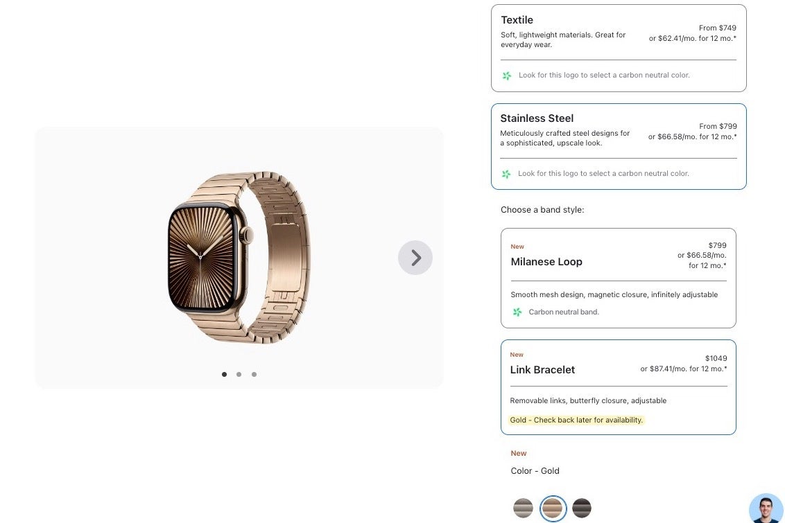 Apple online mağazasında altın renkli Apple Watch Series 10'un bir görüntüsü