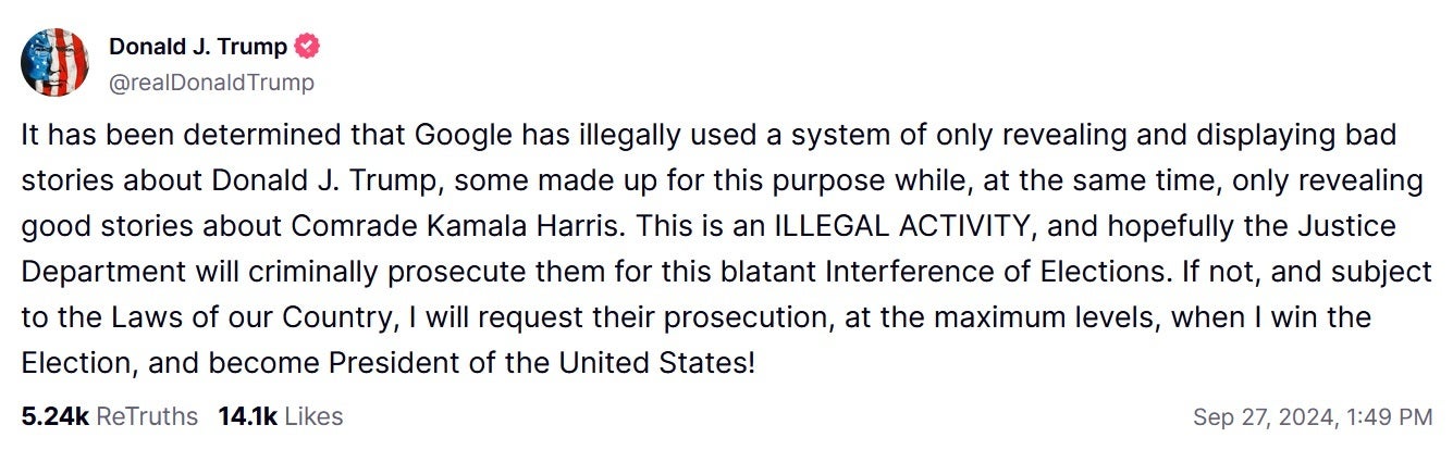 Başkan adayı Donald Trump, Google'ı başkanlığı geri kazanması gerektiği konusunda tehdit etti. | Resim kredisi-TruthSocial - Trump, başkanlığı geri kazanırsa Google'ı dava etmekle tehdit ediyor