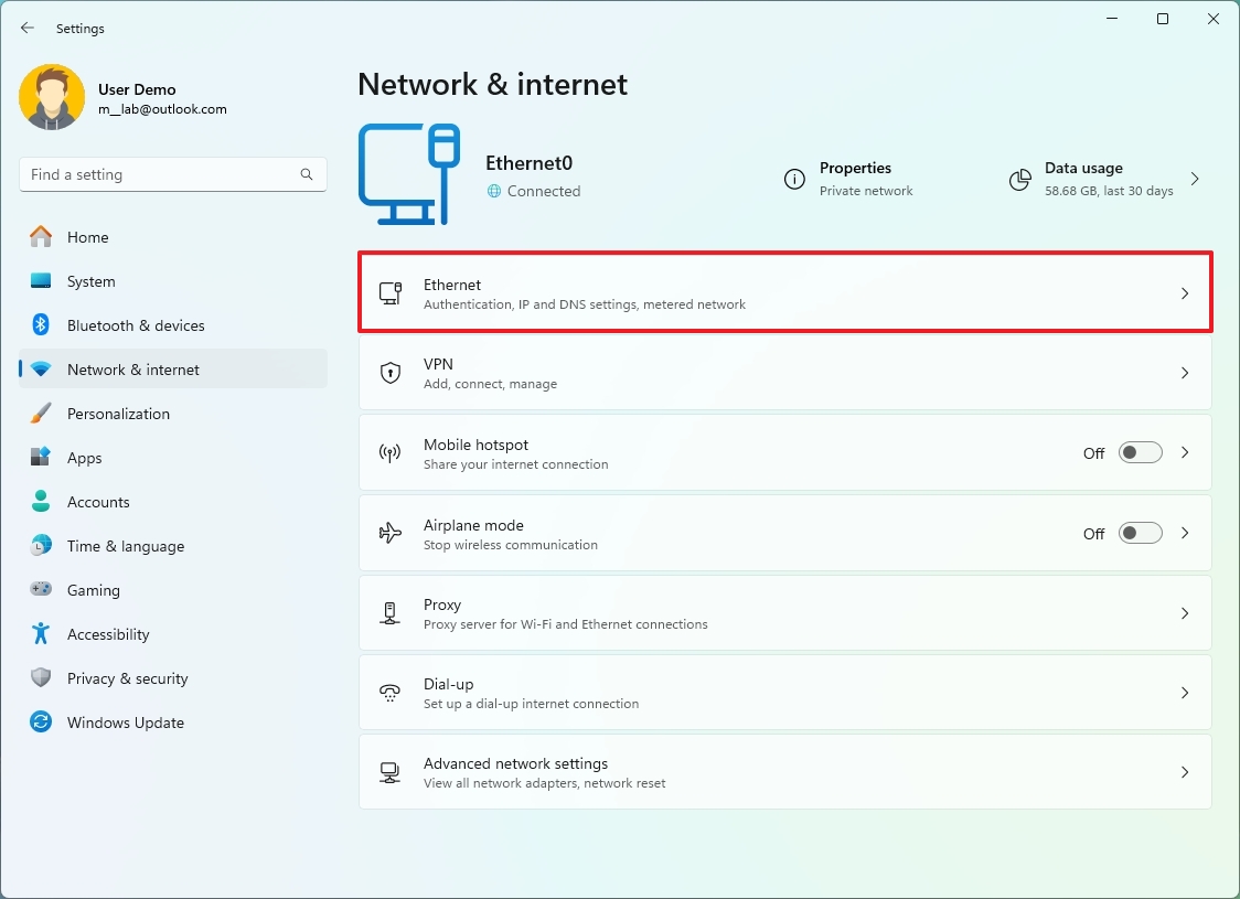 Ethernet ayarlarını açın