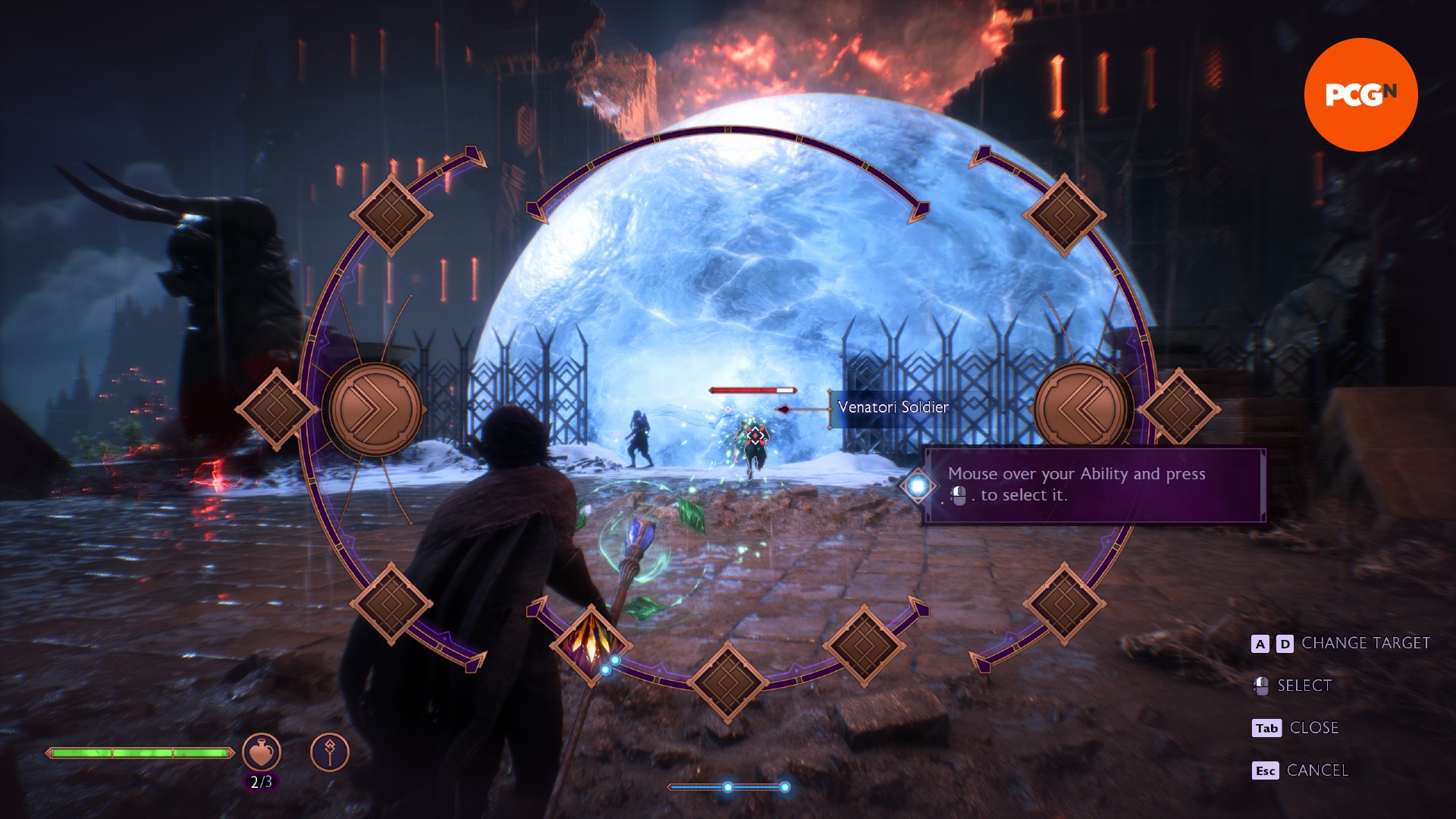 dragon-age-the-veilguard-önizleme-mage-combat Kahverengi bir palto giyen bir elf kadını parlayan, cam benzeri bir küreye doğru koşuyor