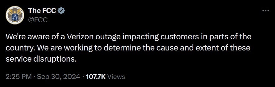 Verizon kesintisine ilişkin FCC yorumlarından tweet.