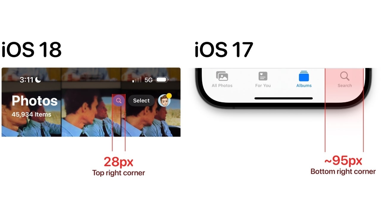 iPhone Fotoğrafları uygulaması arama çubuğu boyutu - iOS 18 ve iOS 17.