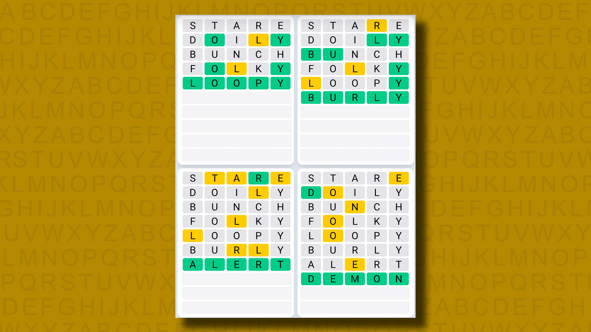 Sarı arka planda 982 numaralı oyunun Quordle Günlük Dizisi yanıtları