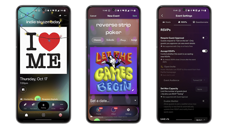 Üç akıllı telefon ekranı 'Indie Sleaze Bday' ve 'Reverse Strip Poker' için etkinlik ayrıntılarını gösteriyor.