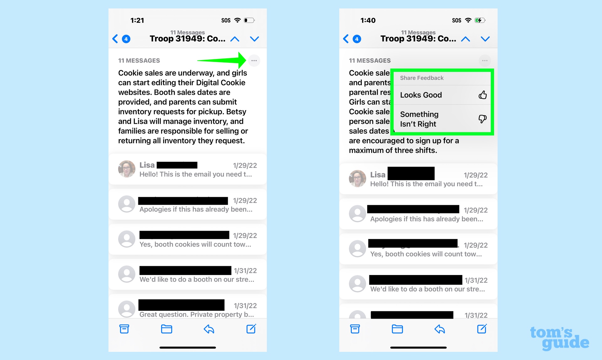 Görünen özeti okuyun ve Apple'a geri bildirimde bulunmak için diğer menüye dokunun