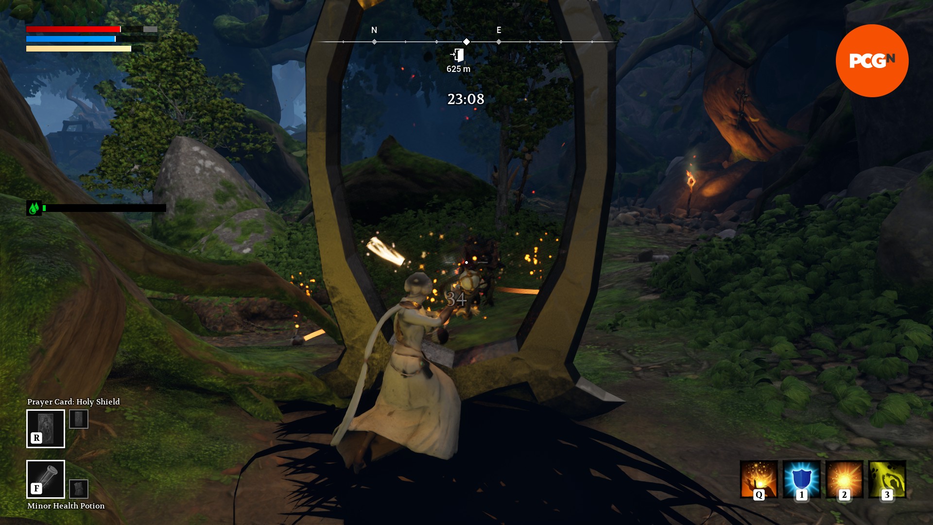 Legacy Steel and Sorcery, eğer bir çıkarma oyunuysa World of Warcraft'tır: Beyaz cübbeli bir kadın, taşlı bir bariyerin içinden bakarak bir dizi düşmanla savaşır