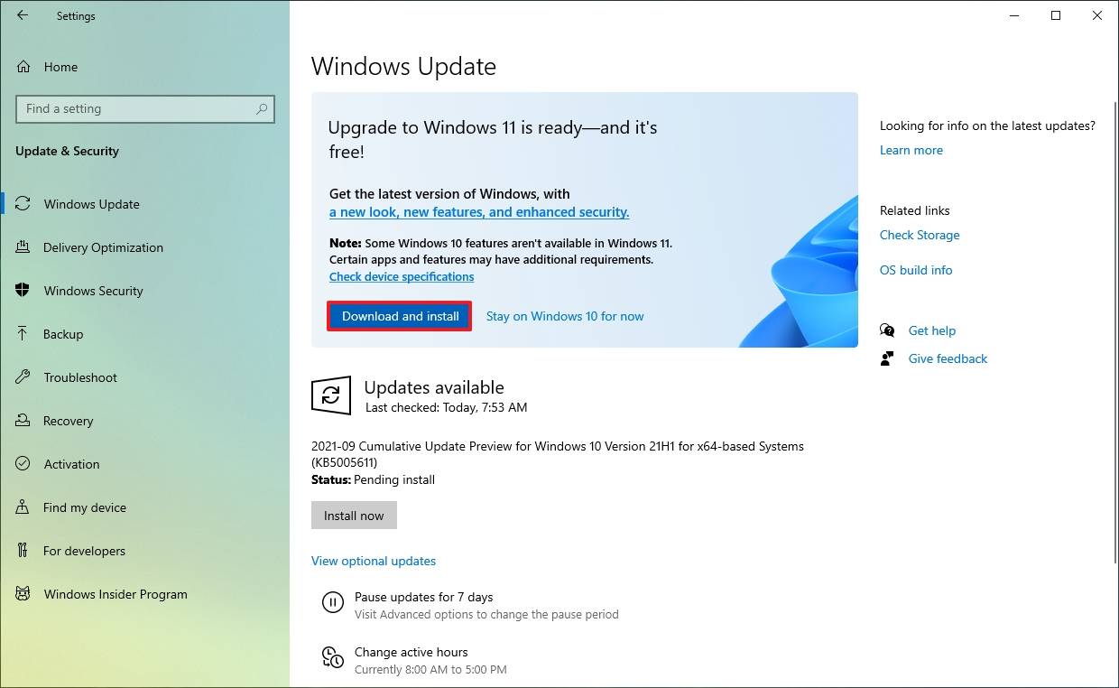 Windows Update'in Windows 11'e yükseltilmesi bildirimi