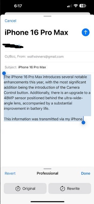 Yazma Araçları bir e-postanın tonunu değiştirir. | Resim kredisi-PhoneArena - Uyumlu iPhone modelleri artık Apple Intelligence'ın yaygın sürümüne daha yakın