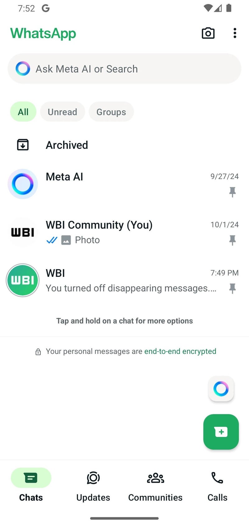 Android akıllı telefondaki WhatsApp uygulama arayüzü.