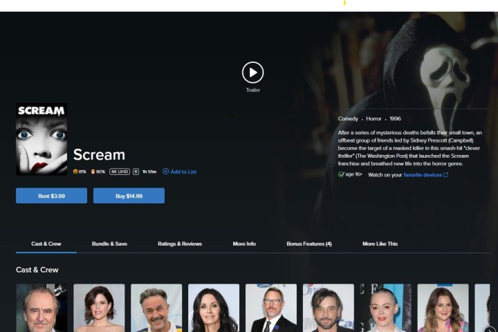 Scream'in bilgi paneli Vudu'da gösterilir.