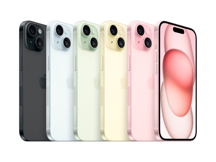 Beyaz bir arka plan üzerinde Apple iPhone 15 renk serisinin tamamı.